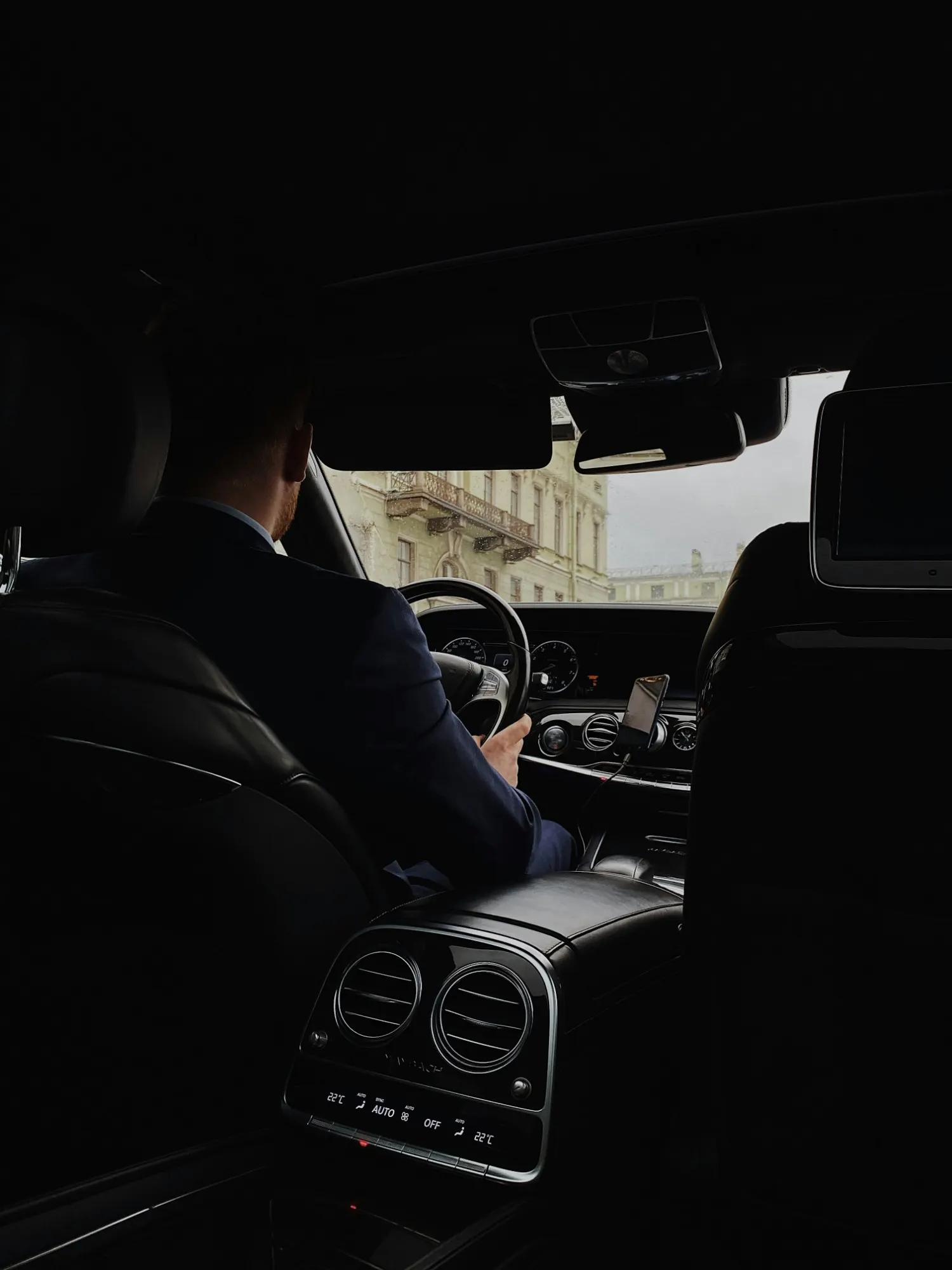 View from the rear cabin of a chauffeur-driven executive saloon