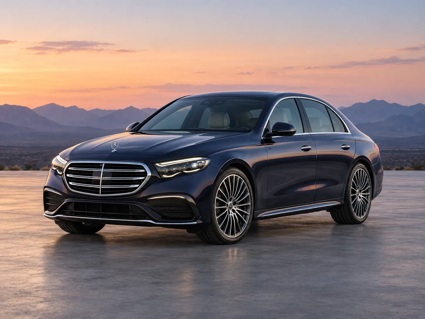 A dark Mercedes-Benz E-Class business saloon, front three-quarter view