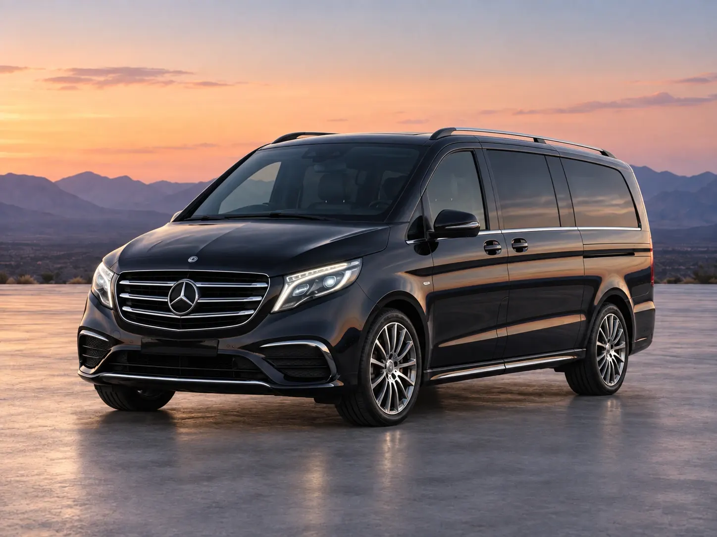 A black Mercedes-Benz V-Class executive van, front three-quarter view