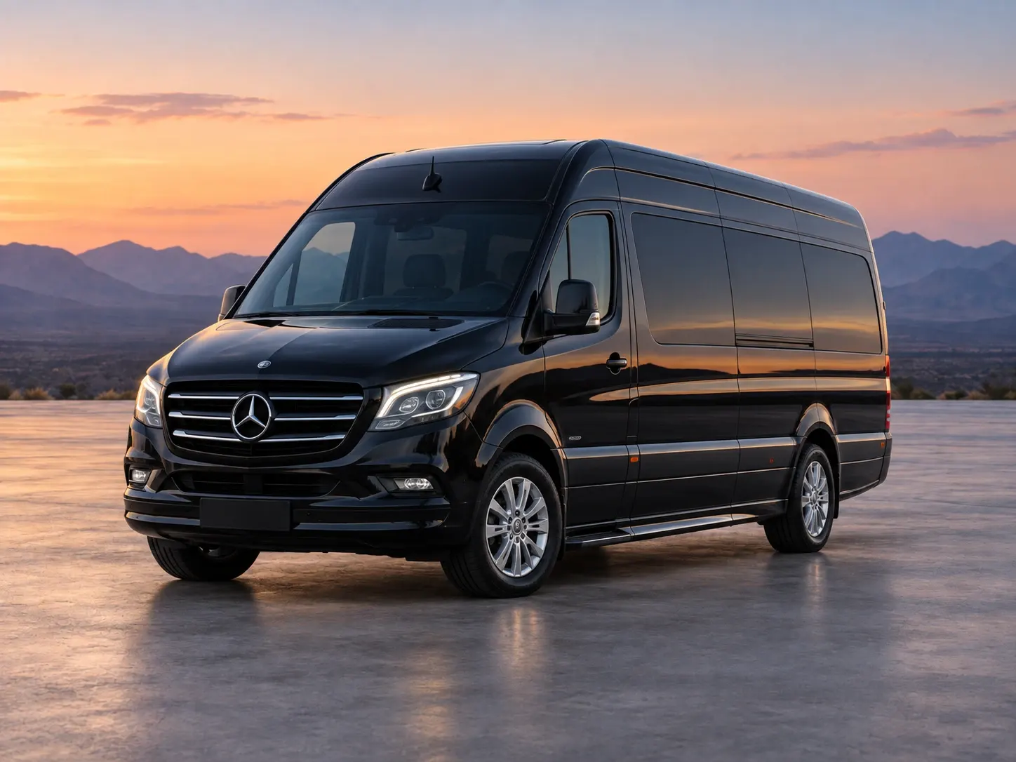 A black Mercedes-Benz Sprinter group transport van, front three-quarter view